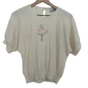 Bay Point Threads Women S Cream Vintage Short Sleeve Sweater Floral Embroidery